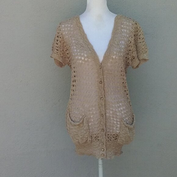 Anthropologie Solitaire Women's Preppy Bohemian Open Weave Cardigan Tan Size Med - Picture 5 of 5